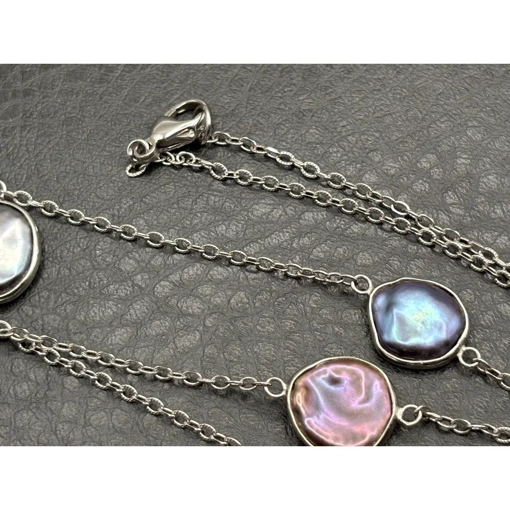 Sterling Silver Iridescent Peacock Coin Pearl Station Necklace 35